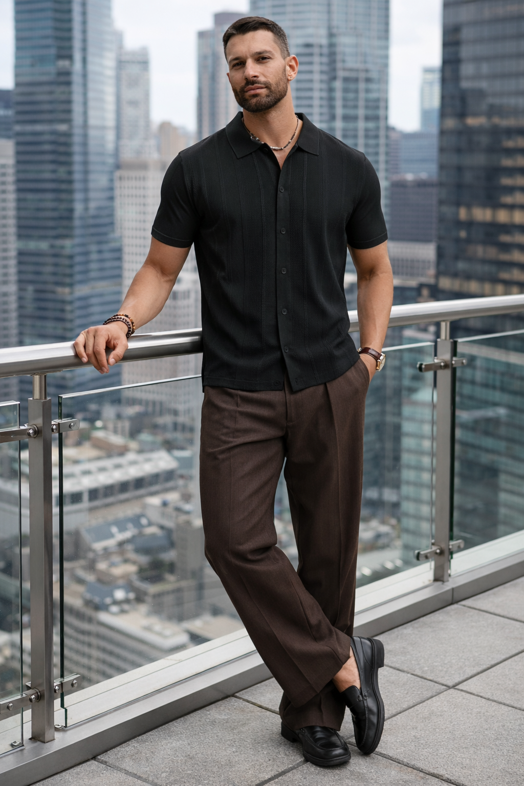 Semi Formal Outfit for Men – Black Short Sleeve Button Shirt with Brown Wide-Leg Trousers Modern Smart Casual Look